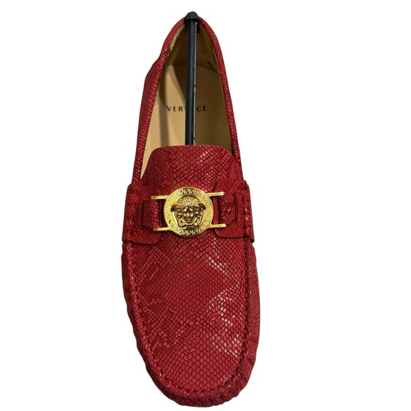 Versace Car Shoe Vitello‎ Pitone Nubuck Loafers Medusa Gold Red Geranium Size 39